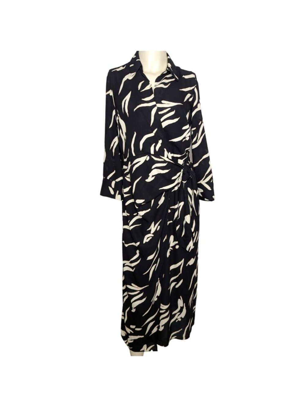 Donna Morgan Dress Women 4 NWT Black Cream Faux Wrap Georgette Long Sleeve